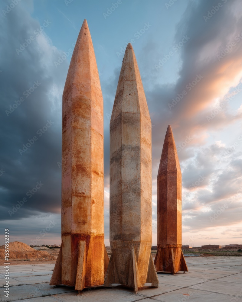 Aufkleber rusted warheads on launch platforms at dusk with dramatic cloudy sky symbolizing geopolitical tensio