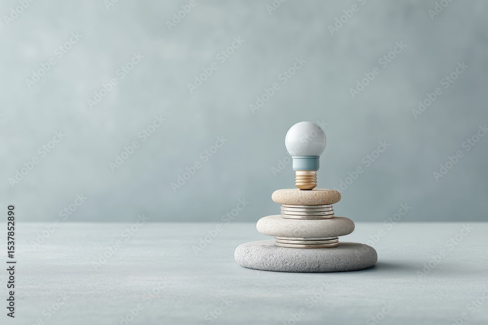 Poster Minimalist composition of an energy efficient lightbulb on stacked coins with stone textures symbolizing sustainable finance and eco-friendly innovation trends