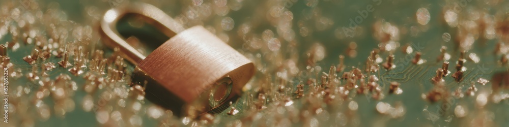 Poster Advanced AI Privacy Chip Padlock Emerging from Circuit Board Background with Digital Matrix Elements for Next-Generation Cybersecurity Marketing