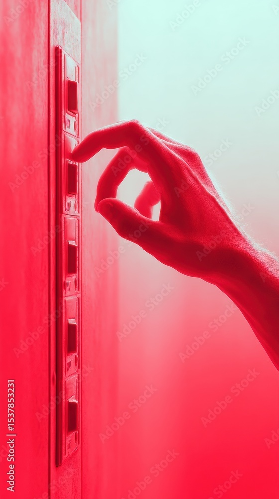 Poster Modern red-tinted close-up of hand operating circuit breaker in electrical panel illuminated by flashlight, symbolizing home power troubleshooting and maintenance