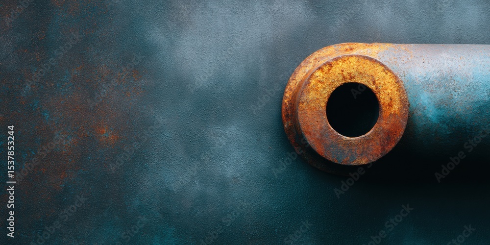 Poster weathered industrial pipe with rusted flange on textured wall showing oxidation and decay - infrastr