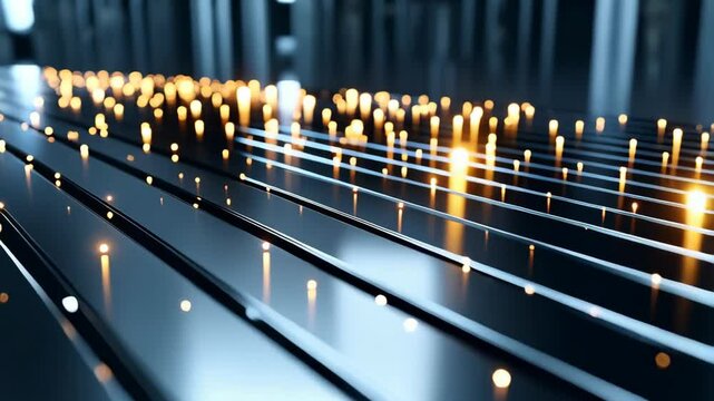 Abstract shot focuses on parallel lines with golden bokeh lights, dark background, shiny surface, creating a modern and elegant futuristic aesthetic.