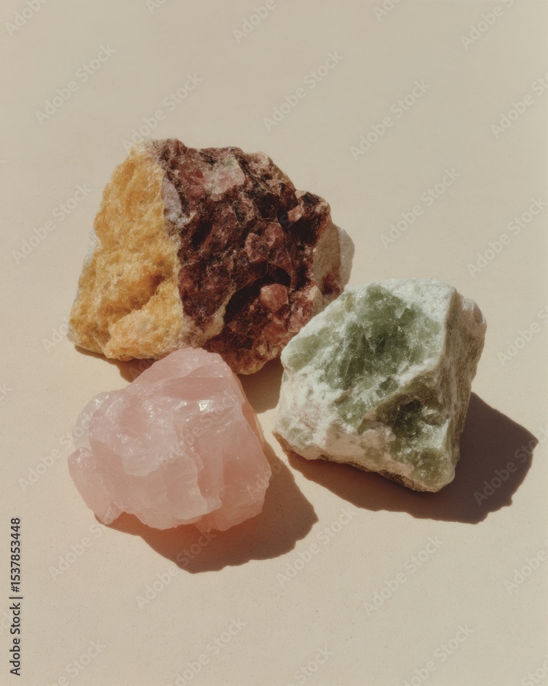 Poster natural mineral nuggets trio displayed on neutral surface highlighting raw textures and investment i