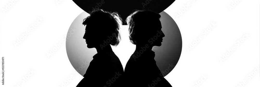 Poster Two Silhouettes Merging Into a Unified Abstract Shape Against a Contrasting Background Creating a Visual Representation of Connection and Harmony