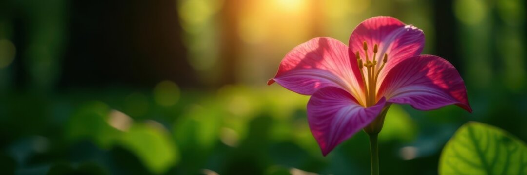 Three-petaled trillium, intricate stamen, dappled sunlight, photography, forest, color