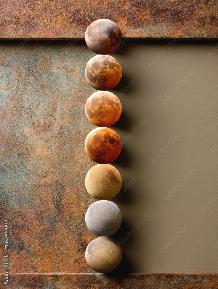 Poster Lunar Eclipse Full Cycle Progression Sequence on Rustic Surface with Warm Earthy Tones Educational Astronomy and Space Science Visual Trend
