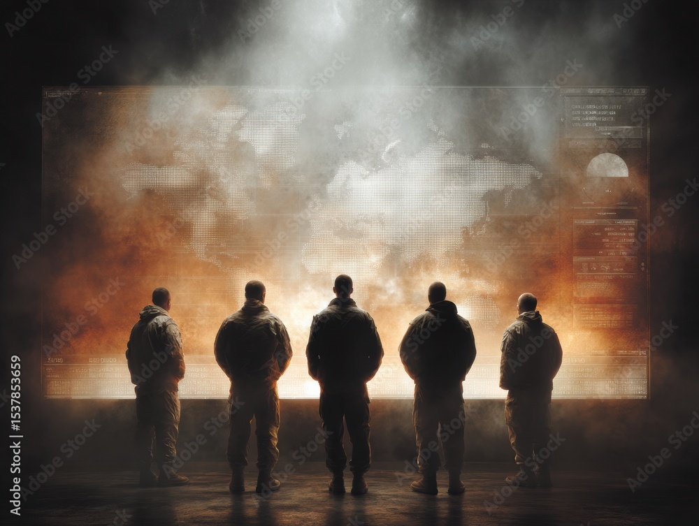 Poster Silhouetted Soldiers Analyzing Digital World Map with Tactical Data in Cyber Warfare Command Center for Modern Military Strategy and Information Control