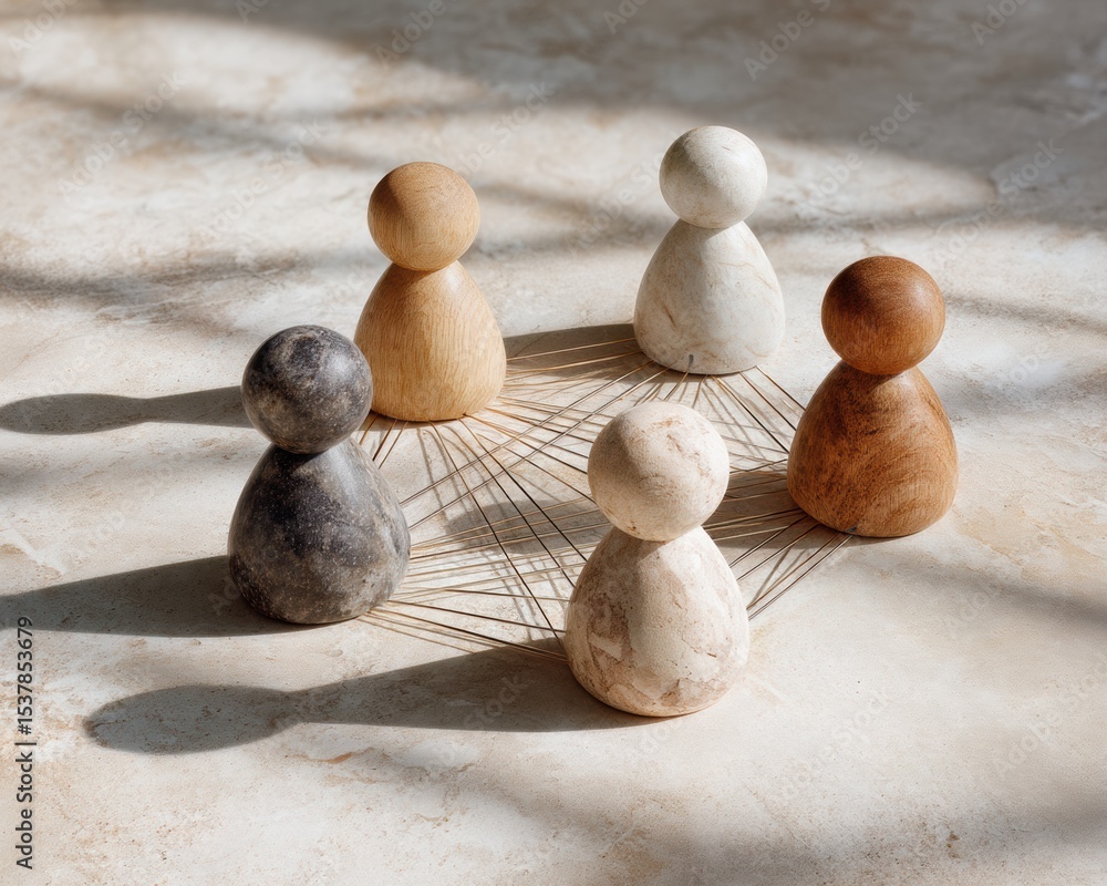 Poster Inclusive Values Network with Wooden Figures Connected by Thin Lines on Patterned Surface Symbolizing Organizational Ecosystem and Collaboration