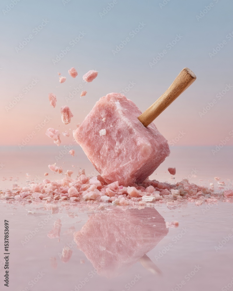 Poster Modern Icebreaker Concept with Large Pink Salt Block Shattering on Reflective Surface for Team Building and Collaborative Problem-Solving Workshops