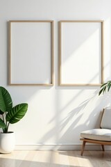 Fototapeta premium Two vertical frame mockups, modern room setting, plants, vase, white wall , artwork, poster, simple