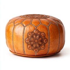 Exquisite handcrafted leather pouf ottoman features intricate Moroccan design accents a stunning addition to any home decor boasting rich texture and elegant style perfect for bohemian living rooms