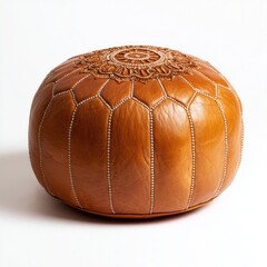 Elegant Tan Leather Pouf Ottoman with Intricate Mandala Design a Stylish Home Decor Accent for Living Room or Bedroom adding Boho Chic Atmosphere