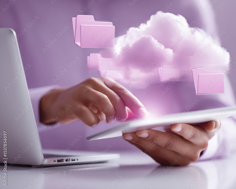 Poster businessman using tablet and laptop with cloud storage icons showing digital data management and sea