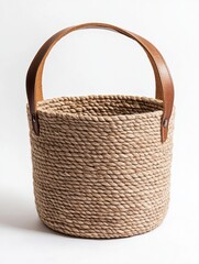 Elegant Jute Storage Basket with Leather Handles A stylish home decor accessory perfect for organizing blankets, toys, or plants adding rustic charm and functionality to any room.
