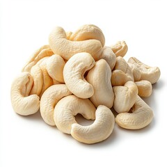 A heap of creamy cashew nuts sits against a pristine white background showcasing their natural wholesome texture and appealing color ideal for food blogs culinary websites and packaging design