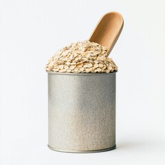 Rolled Oats in Rustic Metal Container with Wooden Spoon A Healthy Breakfast Cereal Grain Food Photography