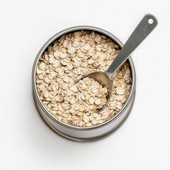 Rolled Oats in a Metal Tin A Top View of Nutritious Oatmeal Ready for Breakfast or Baking Recipes featuring a Spoon