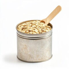 Rolled Oats in a Rustic Metal Tin Container with Wooden Spoon A healthy breakfast ingredient perfect for baking porridge muesli granola and more