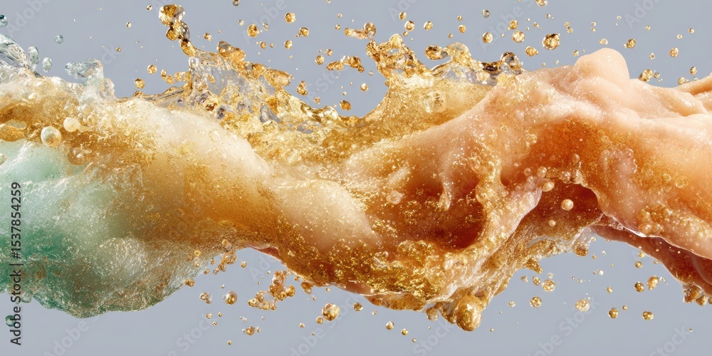 Poster dynamic golden and aqua liquid splash with frozen droplets in vibrant arc motion for beverage market