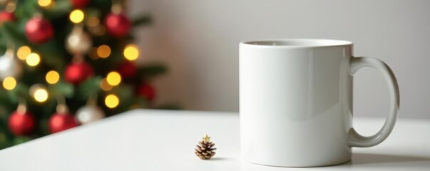White mug, Christmas decorations on white desk Perfect for branding , clean, holiday, copy space