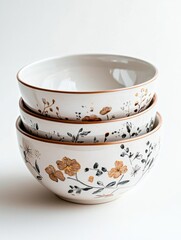 Elegant Stacked Ceramic Bowls with Delicate Floral Design Ideal for Serving Salads Soups or Desserts in Rustic Farmhouse Kitchens or Modern Dining Settings
