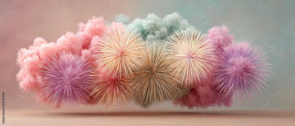 Aufkleber Vibrant Firework Explosion with Colorful Smoke Clouds Against Soft Gradient Background for Modern Event and Festival Marketing Visuals
