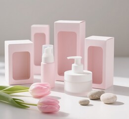 Luxury Spa and Skincare Product Arrangement with Rose and Stone Elements on White Backdrop