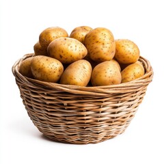A wicker basket brimming with freshly harvested potatoes sits against a clean white background showcasing their golden hue and rustic charm.  These healthy tubers are perfect for a delicious meal.