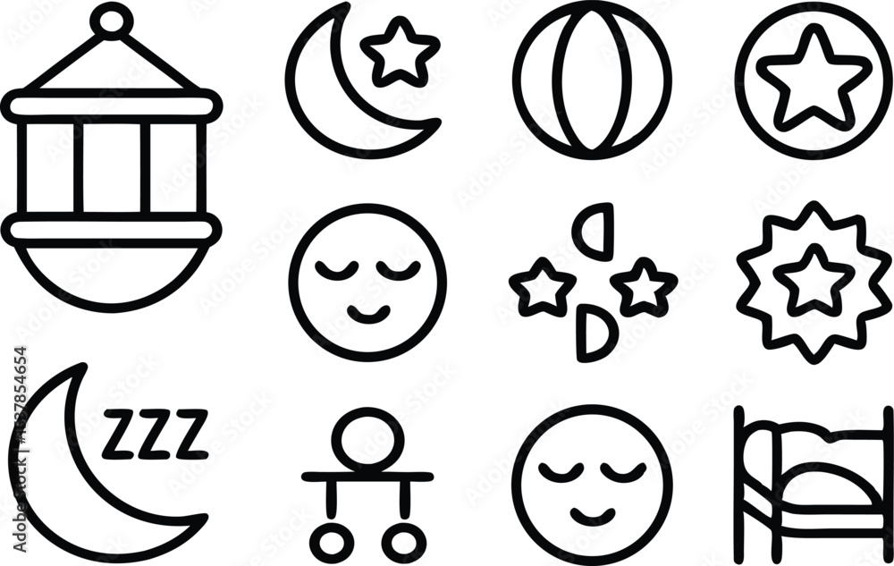 Poster nighttime hammock icons outline style set isolated on transparent background