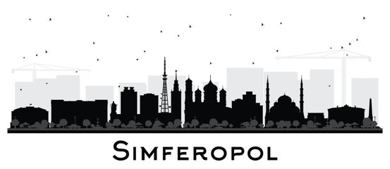 Simferopol Crimea city skyline silhouette with black buildings isolated on white. Illustration. Simferopol cityscape with landmarks. Travel and tourism concept with modern and historic architecture.