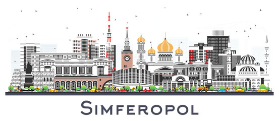 Simferopol Crimea city skyline with color buildings isolated on white. Simferopol cityscape with landmarks. Travel and tourism concept with modern and historic architecture.
