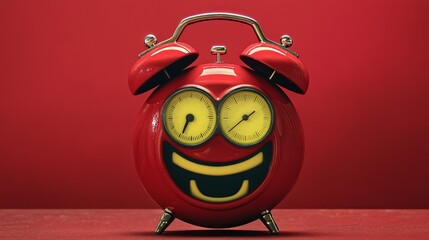 Happy excited red wake up clock character isolated on red background. 