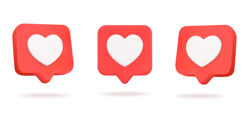 3d heart textbox, love social emoticons in minimal style in different angles, isolated on background. Love emoji icons in 3d vector. Vector illustration
