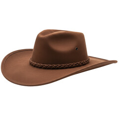Isolated brown outback hat with braided band on a white studio background view