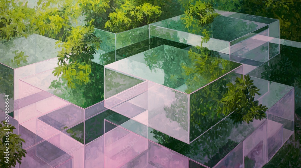 Poster translucent geometric structures showcase verdant foliage in an abstract architectural composition.