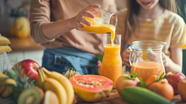 A family preparing healthy smoothies together. featuring fresh fruits, vegetables, and yogurt