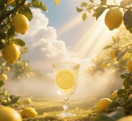 Citrus Beverage in Designer Glass, Garden Scene with Soft Sunlight and Mist