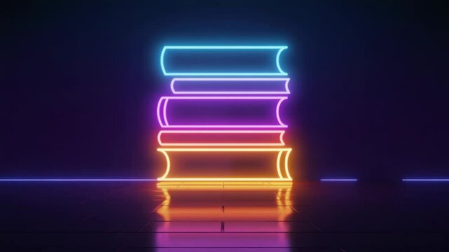 neon glowing rainbow-colored books with smoke on black background. Back to school, education concept