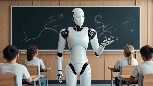 humanoid robot teacher interacting with school kids in class - Powered by Adobe