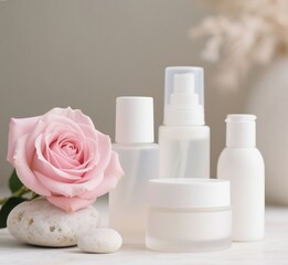 Elegant Spa Skincare Product Packaging with Pink Rose and Stones in White Neutral Setting, Fresh and Clean Beauty Concept