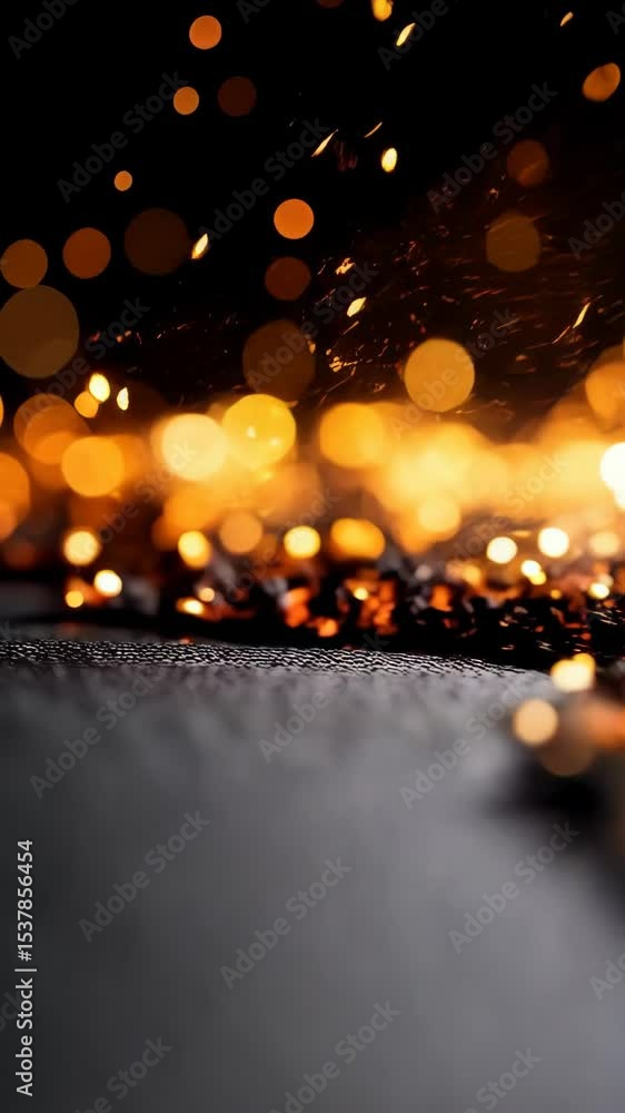 Poster abstract image of glowing sparks or embers rising from a dark textured surface, with blurred bokeh c