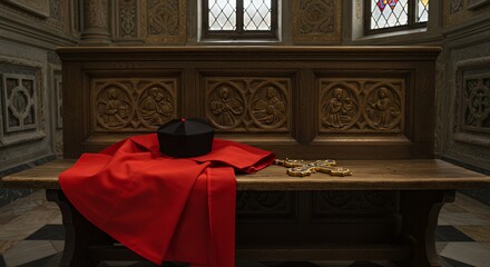 Religious Hat Cross and Fabric on Bench