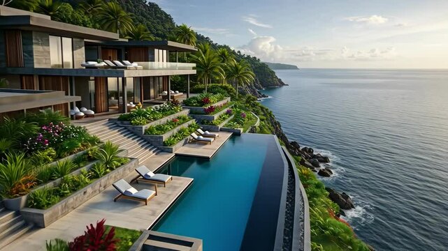 Luxury villa on a tropical cliffside with ocean view
