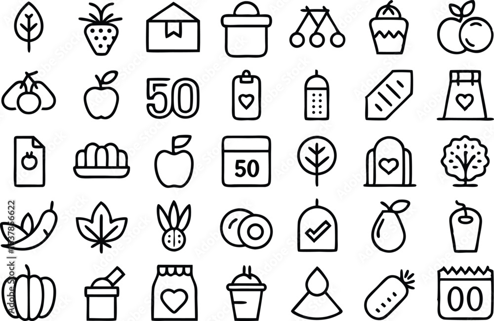 Poster organic product icons outline icon set for branding and design isolated on transparent background