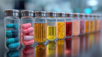 Row of glass vials containing colorful pills and liquids is displayed on reflective surface, suggesting focus on pharmaceuticals and drug discovery
