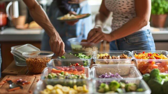 A family preparing meals for the week. featuring meal prep containers and a variety of nutritious foods
