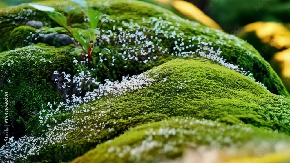 Poster close up of lichen and moss growing on a tree branch in a forest with soft sunlight dappling the bac
