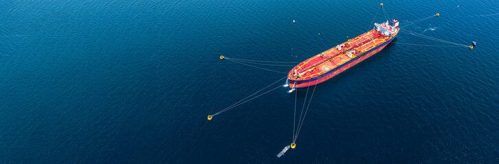 Aerial view crude oil tanker ship and tugboat, Global business import export freight shipping crude oil logistic transport international, Crude oil tanker ship industrial sea freight logistic maritime
