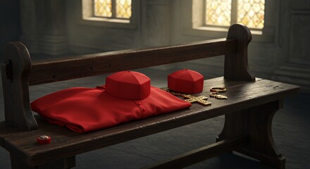 Cardinal attire on bench, church interior