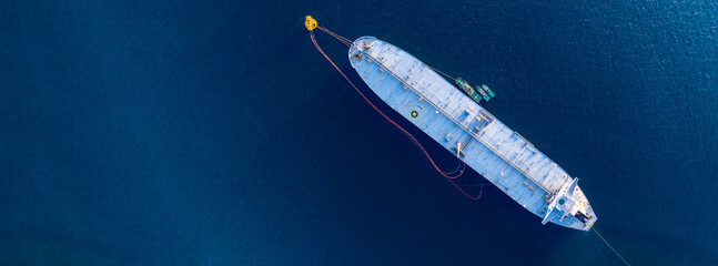 Aerial view crude oil tanker ship and tugboat, Global business import export freight shipping crude oil logistic transport international, Crude oil tanker ship industrial sea freight logistic maritime